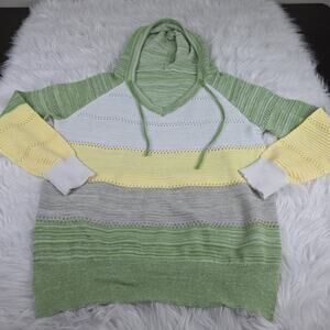 Large Women's Striped Lightweight Hoodie Sweater Green, Yellow Open Knit Acrylic